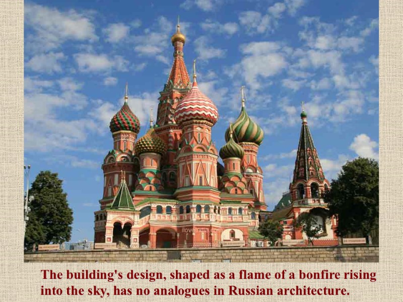 The building's design, shaped as a flame of a bonfire rising into the sky,